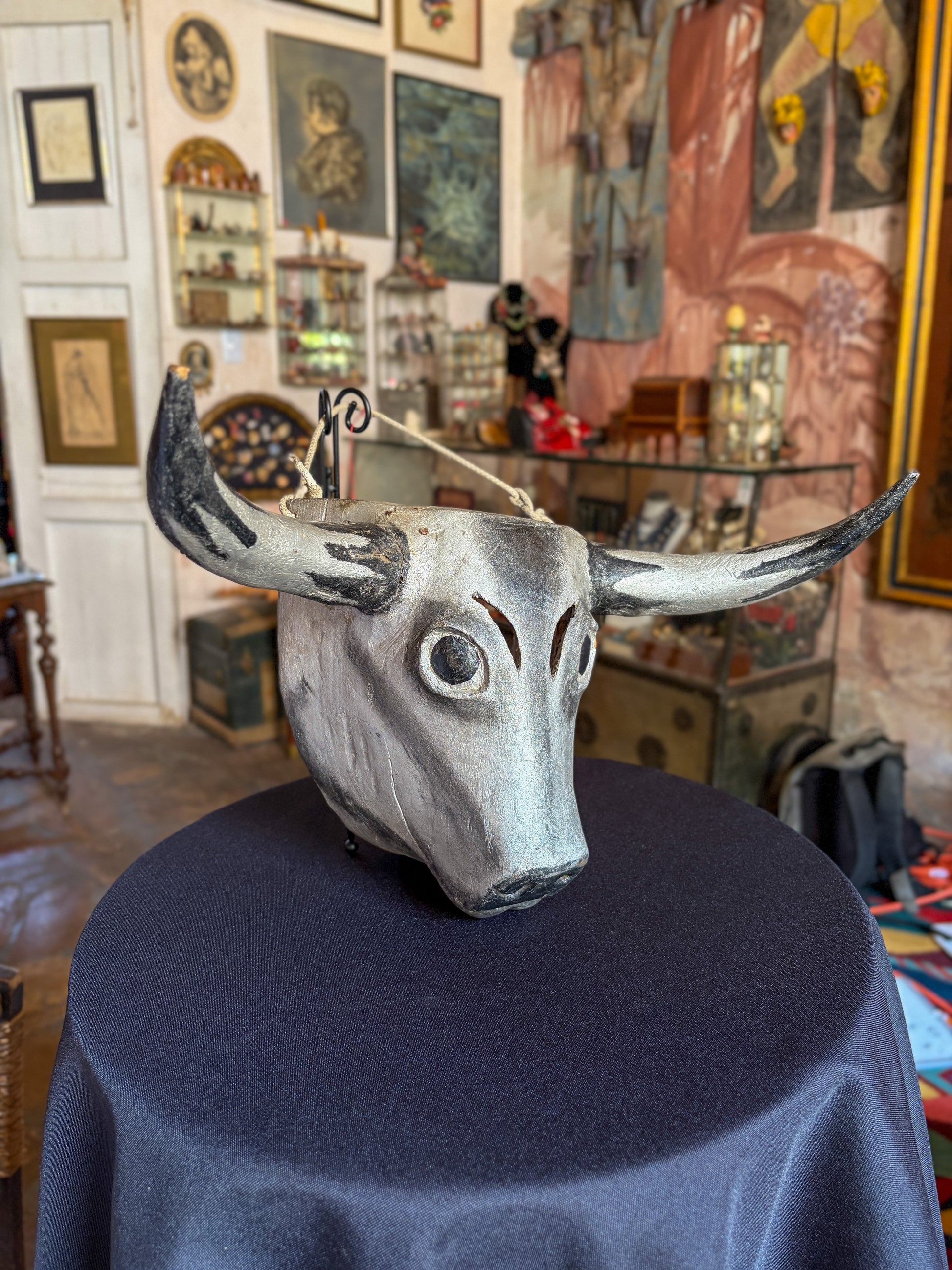Handcrafted polychrome carved wood grey bull dance mask, Veracruz Mexican folk art, back view