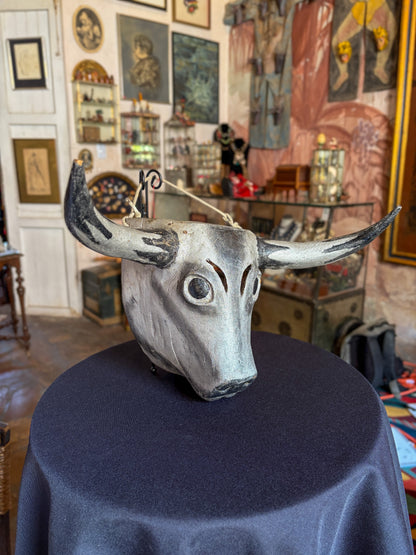 Handcrafted polychrome carved wood grey bull dance mask, Veracruz Mexican folk art, back view