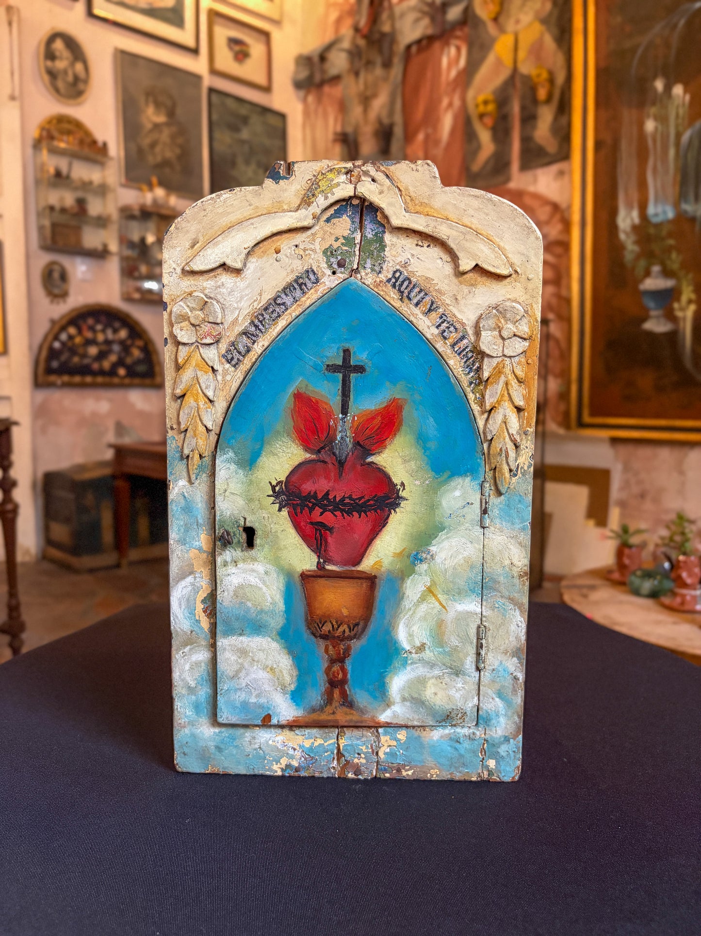 Handcrafted polychrome carved wood Sacred Heart devotional niche, Michoacán Mexican folk art, open door, painted sacred heart interior