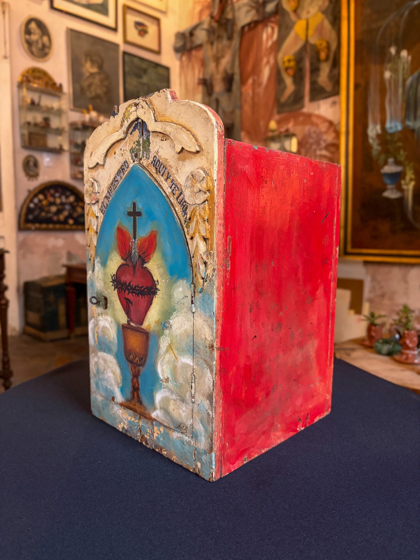 Handcrafted polychrome carved wood Sacred Heart devotional niche, Michoacán Mexican folk art, side view