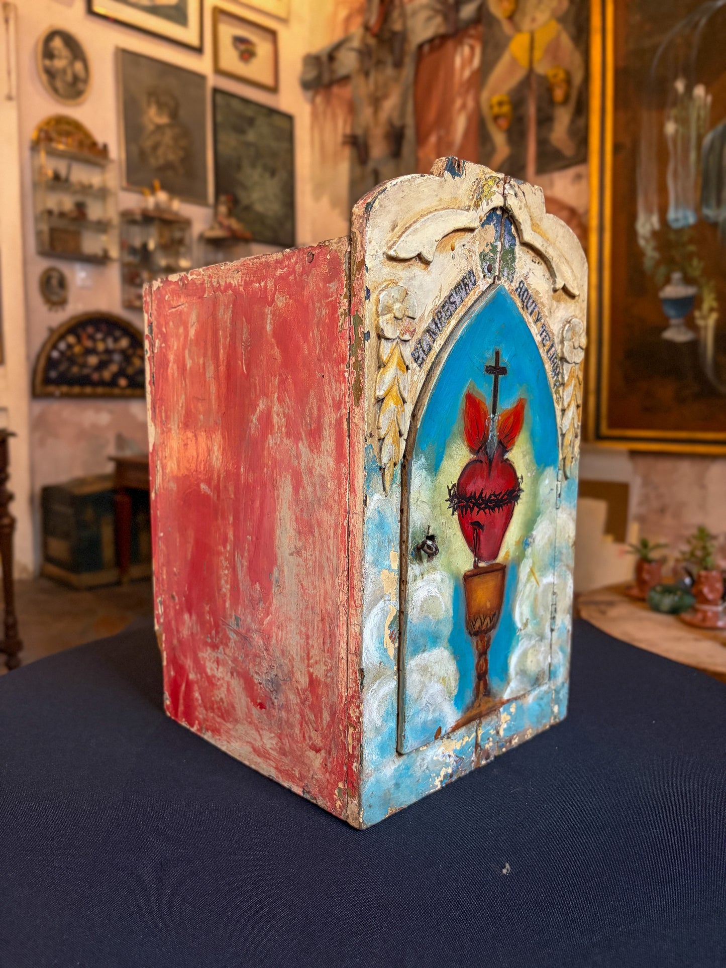 Handcrafted polychrome carved wood Sacred Heart devotional niche, Michoacán Mexican folk art, side view, open door