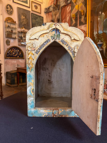 Handcrafted polychrome carved wood Sacred Heart devotional niche, Michoacán Mexican folk art, empty arch interior, carved frame