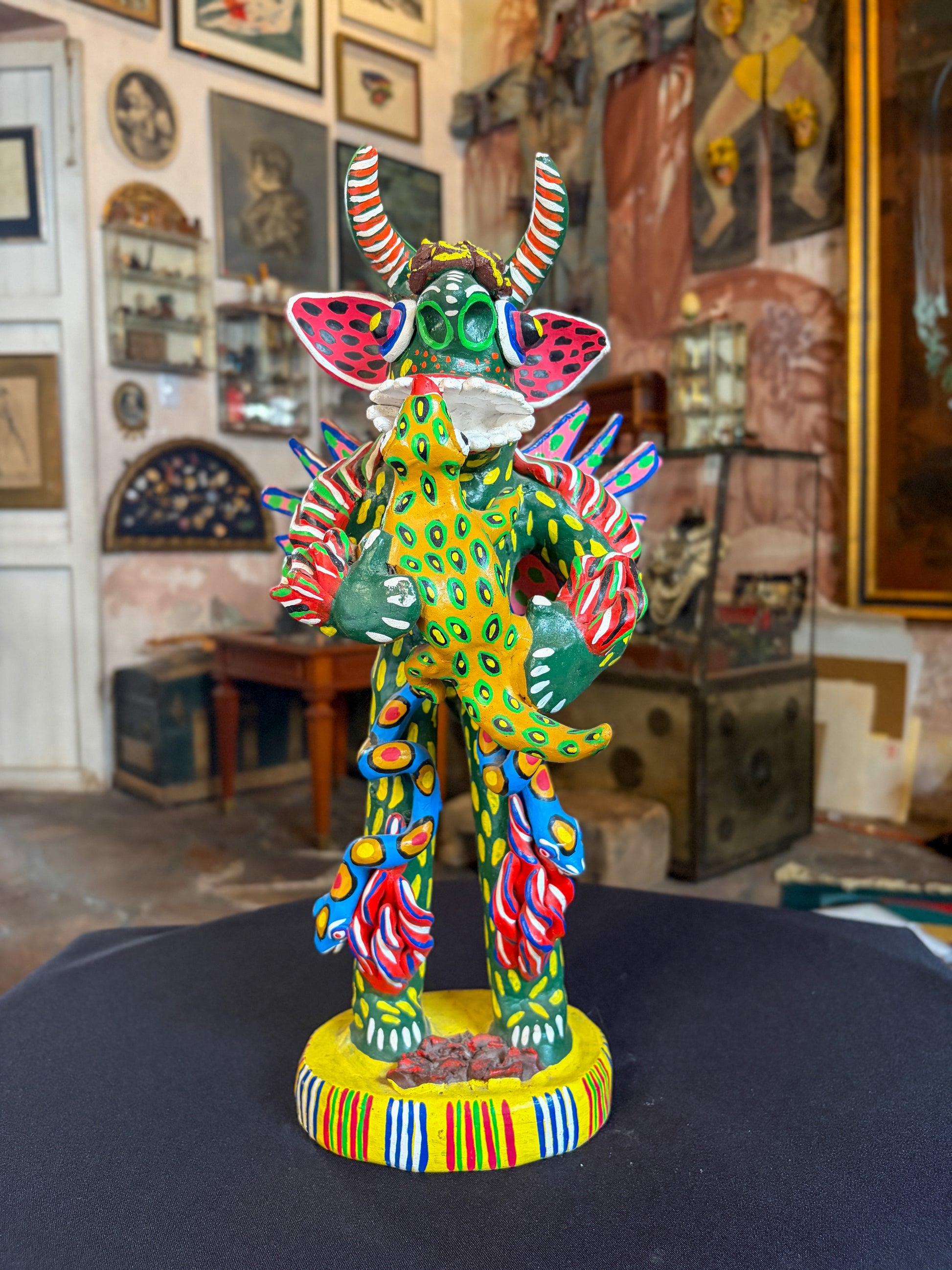 Polychrome fired clay devil figurine with lizard alebrije, Michoacán Mexican folk art