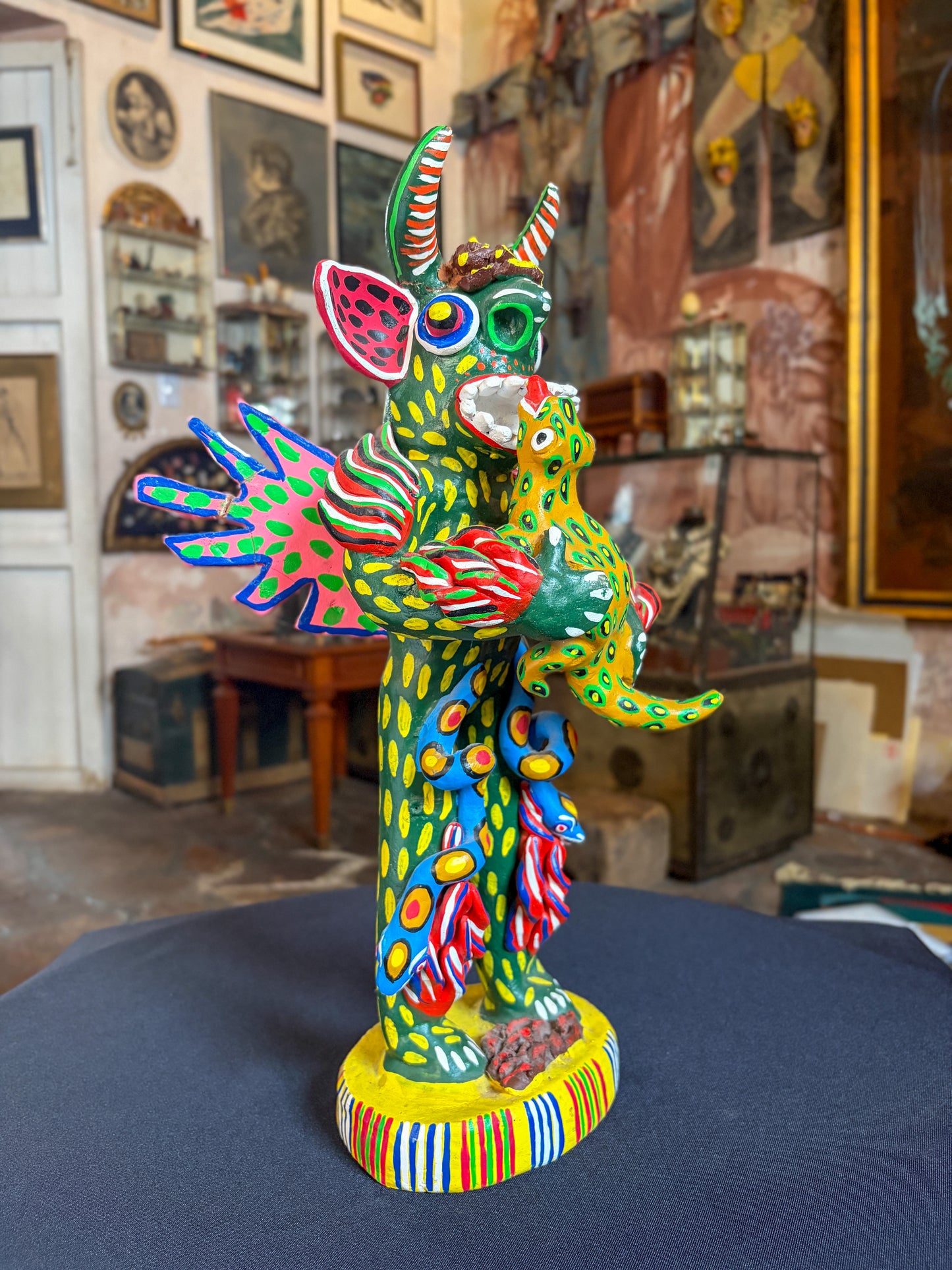 Polychrome fired clay devil figurine with lizard alebrije, Michoacán Mexican folk art, side view