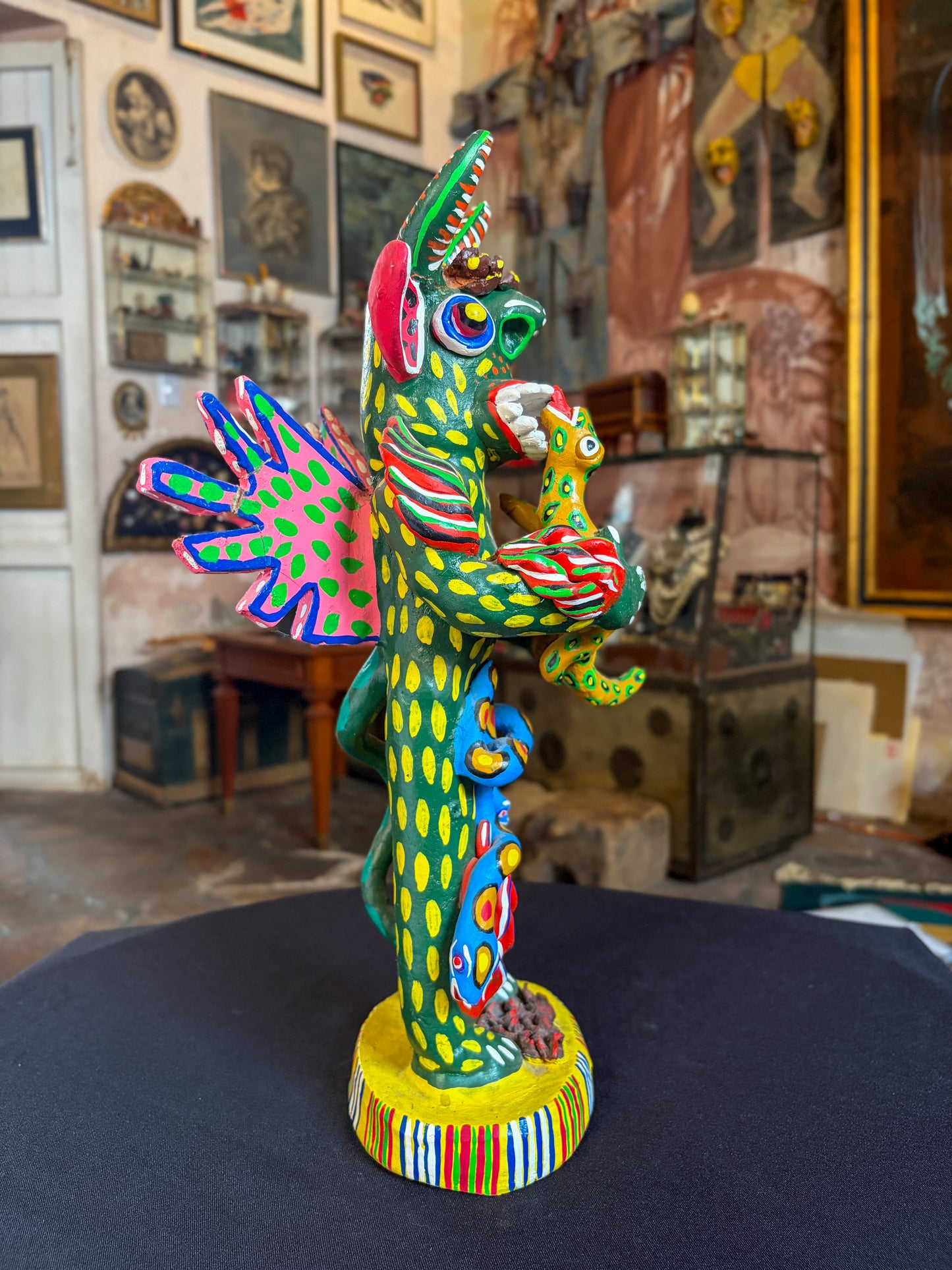 Polychrome fired clay devil figurine with lizard alebrije, Michoacán Mexican folk art, back view