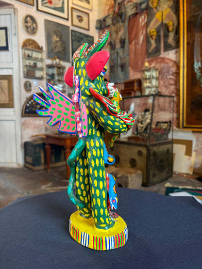 Polychrome fired clay devil figurine with lizard alebrije, Michoacán Mexican folk art, painted detail