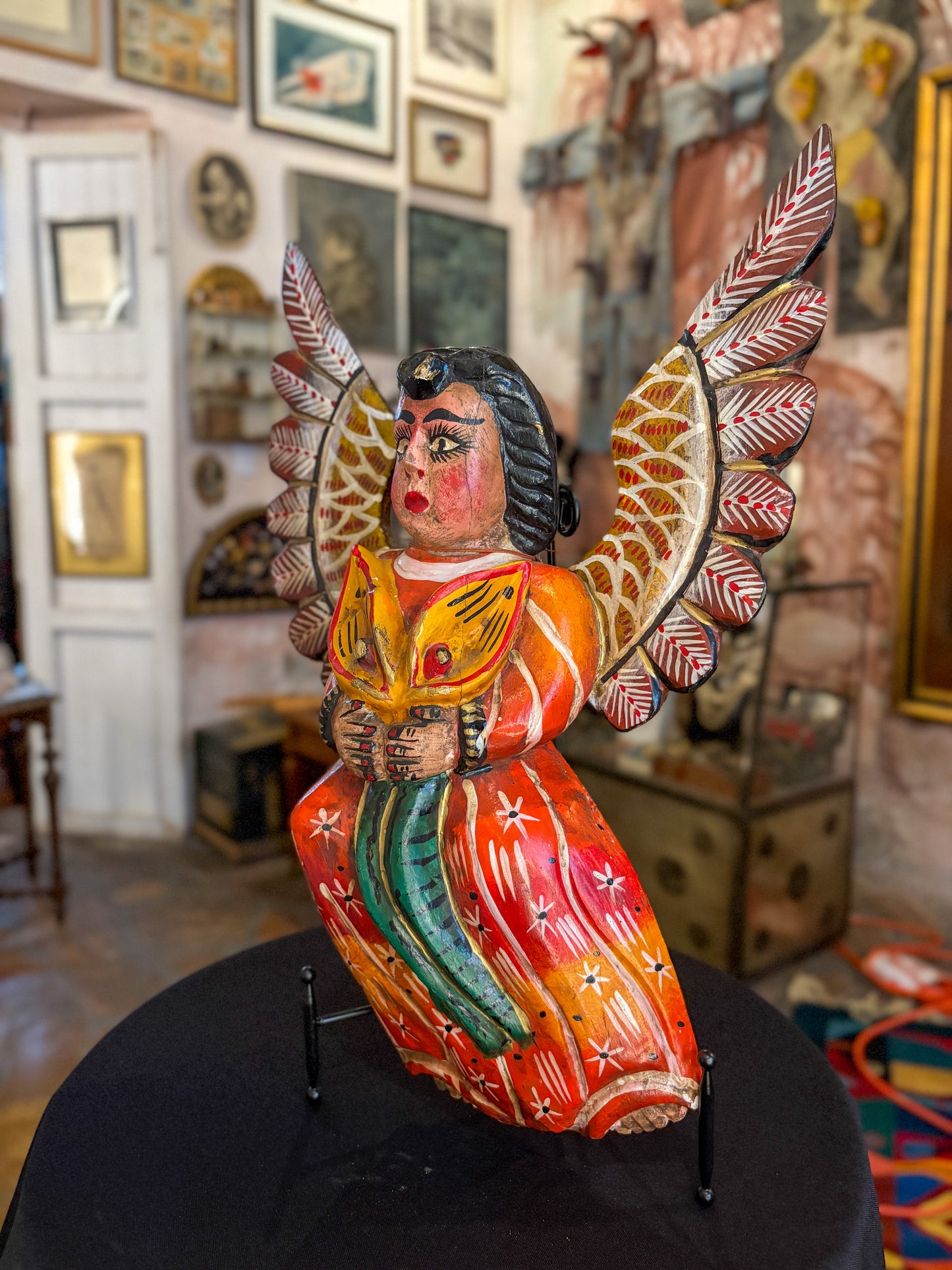 Polychrome painted wood angel figurine sculpture, Guerrero Mexican folk art
