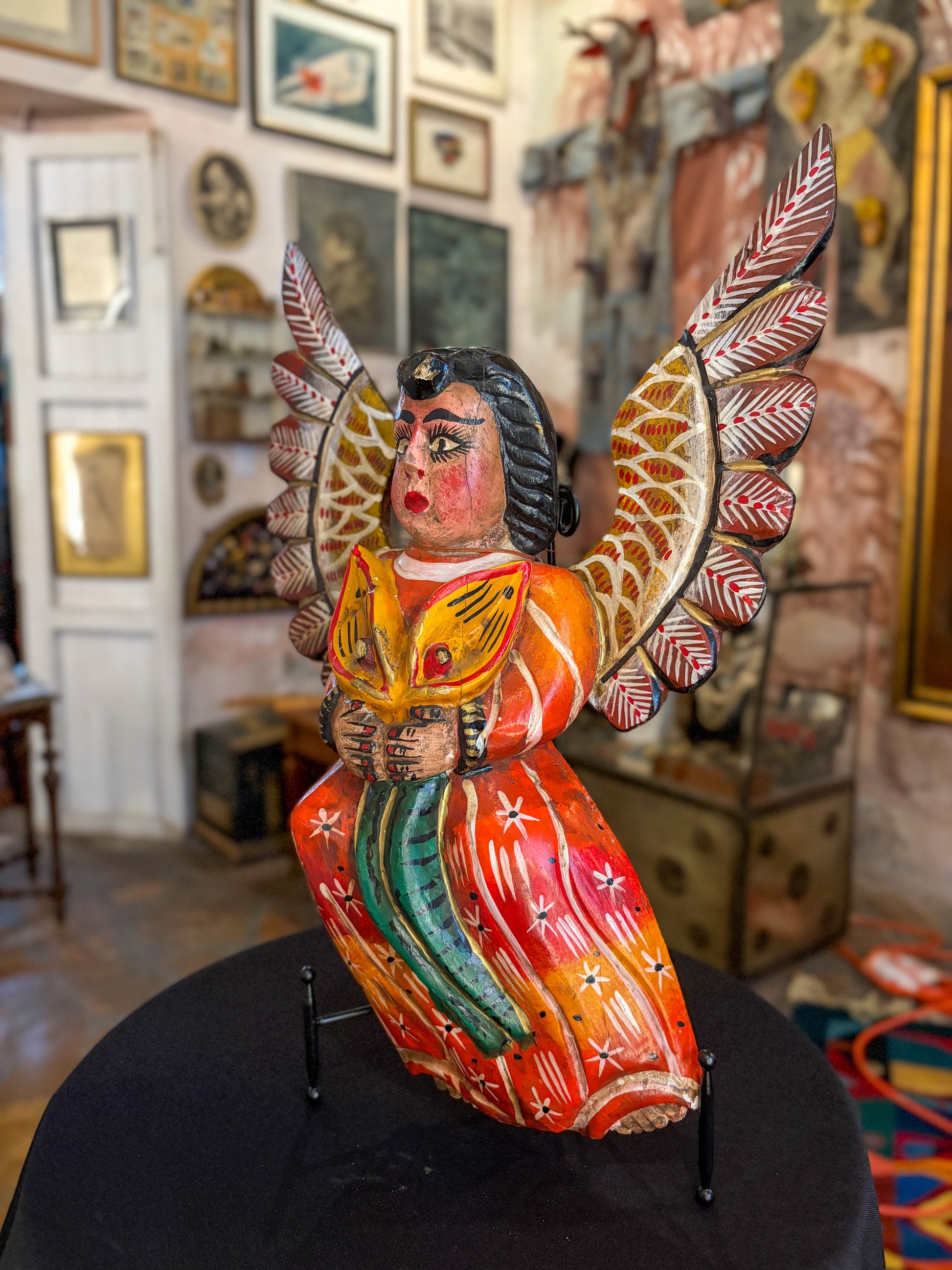 Polychrome painted wood angel figurine sculpture, Guerrero Mexican folk art
