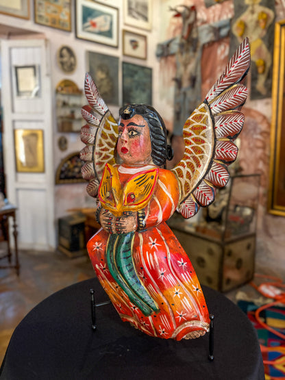 Polychrome painted wood angel figurine sculpture, Guerrero Mexican folk art