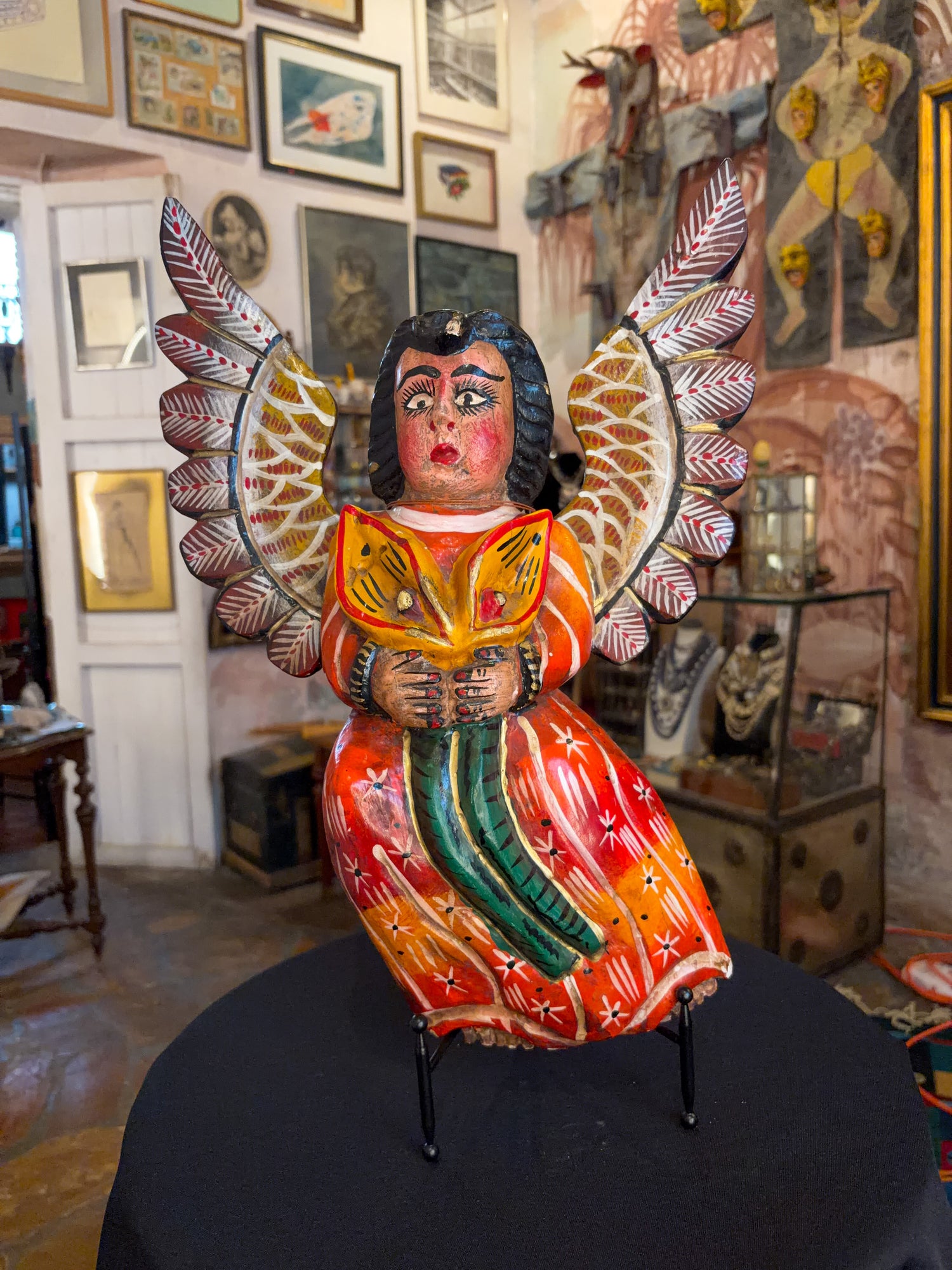 Polychrome painted wood angel figurine sculpture, Guerrero Mexican folk art, side view