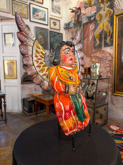 Polychrome painted wood angel figurine sculpture, Guerrero Mexican folk art, back view