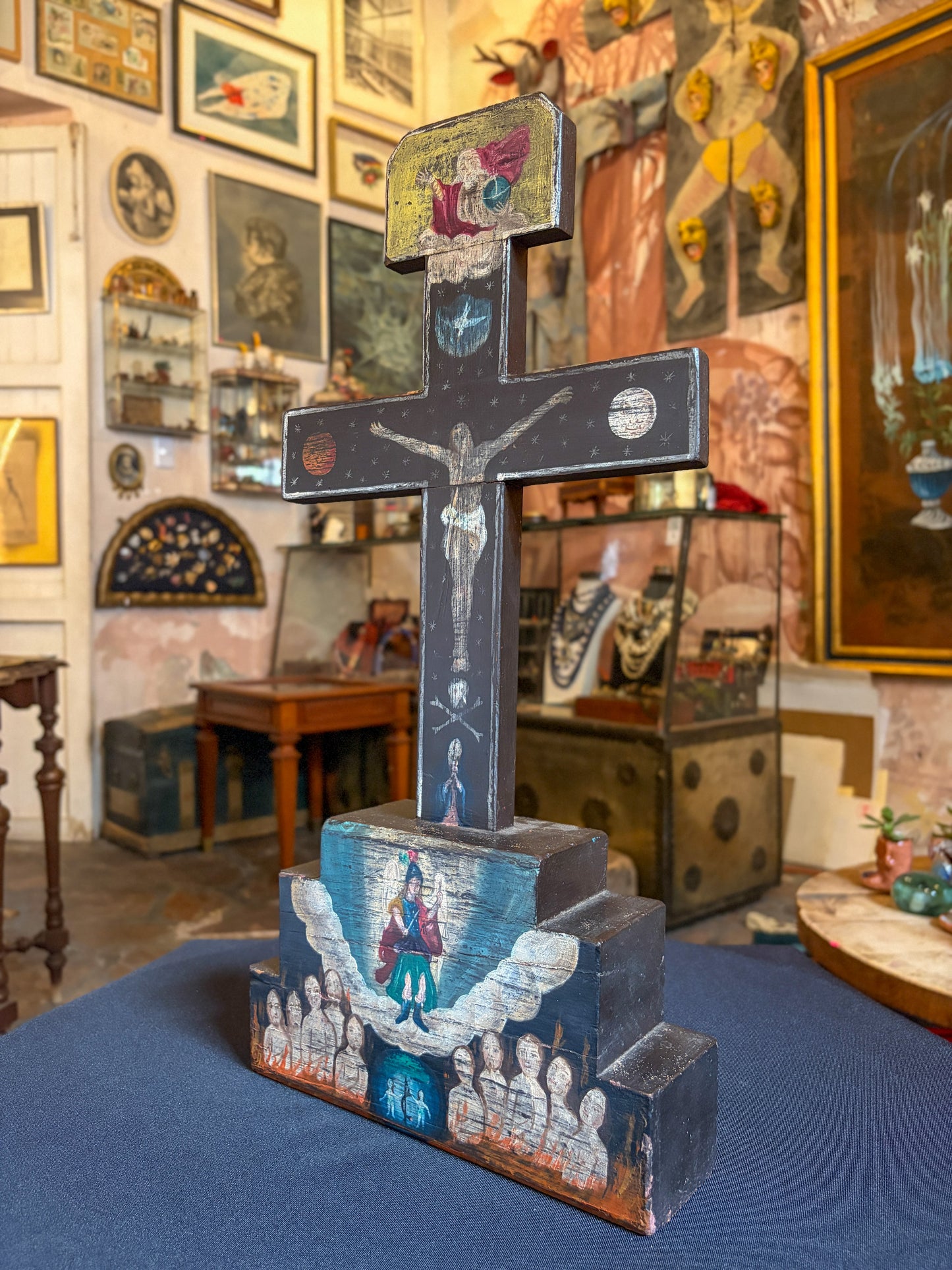 Antique polychrome carved wood devotional cross, Mexican folk art, side view
