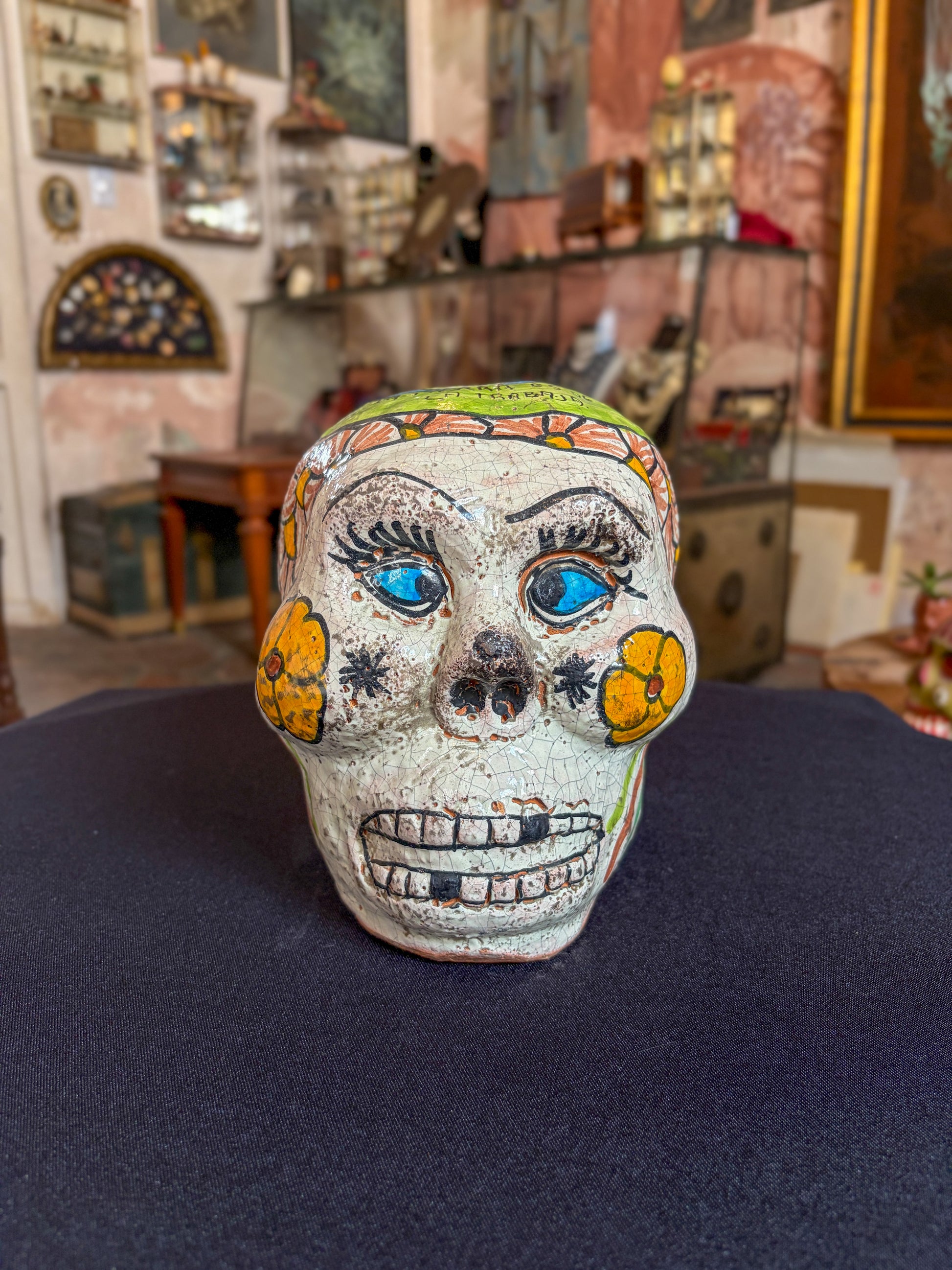 Handcrafted glazed clay skull ornament, Puebla Mexican folk art