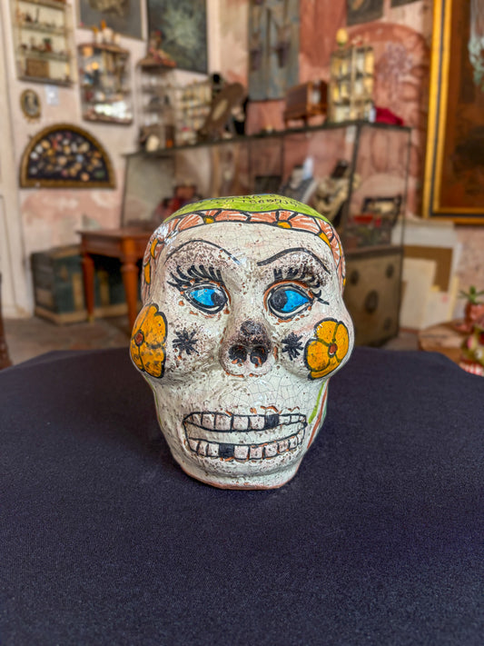 Handcrafted glazed clay skull ornament, Puebla Mexican folk art