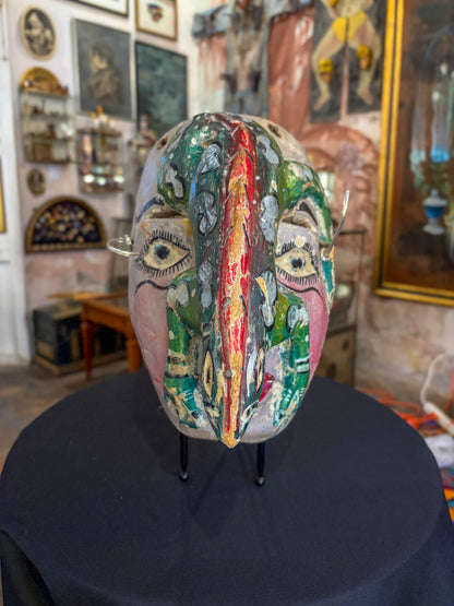 Hand-carved painted wood dance mask with reptile, Guerrero Mexican folk art