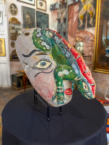 Hand-carved painted wood dance mask with reptile, Guerrero Mexican folk art, back view