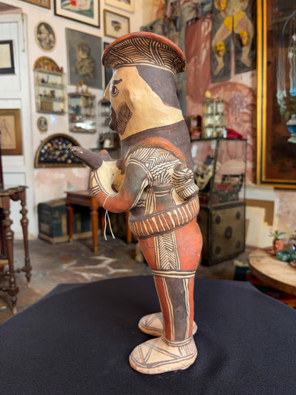 Hand-modeled fired clay hunter figurine with mineral pigments, San Agustin Oapan Guerrero Mexico, circa 1980s, top view