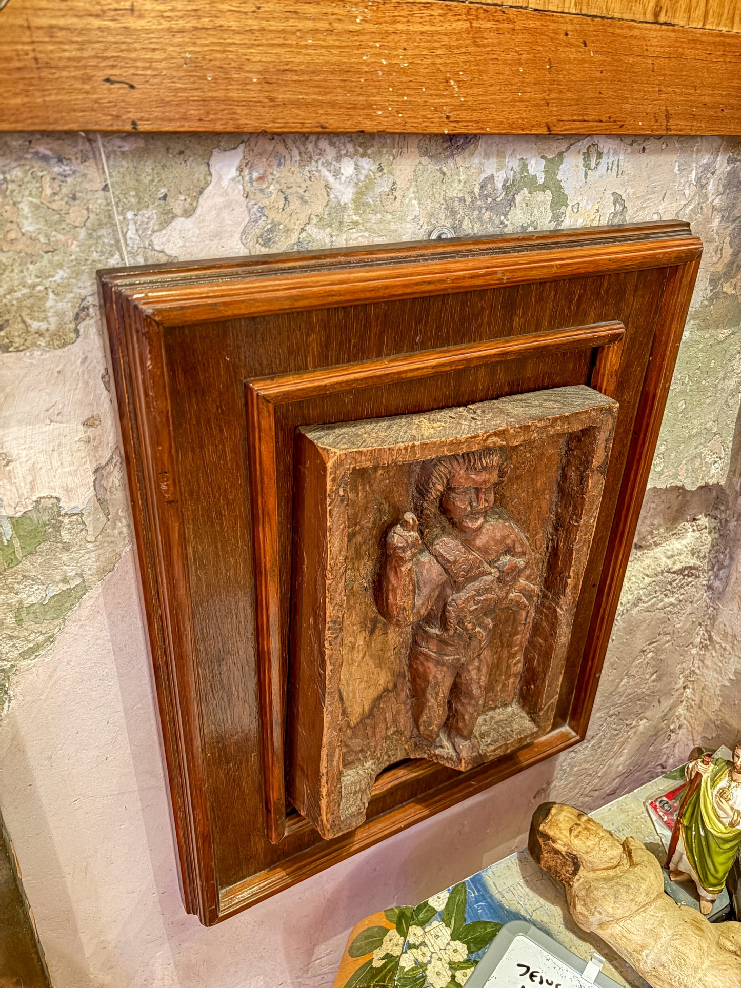 Antique hand-carved painted wood Santos figure, Mexican folk art, carved wood relief panel