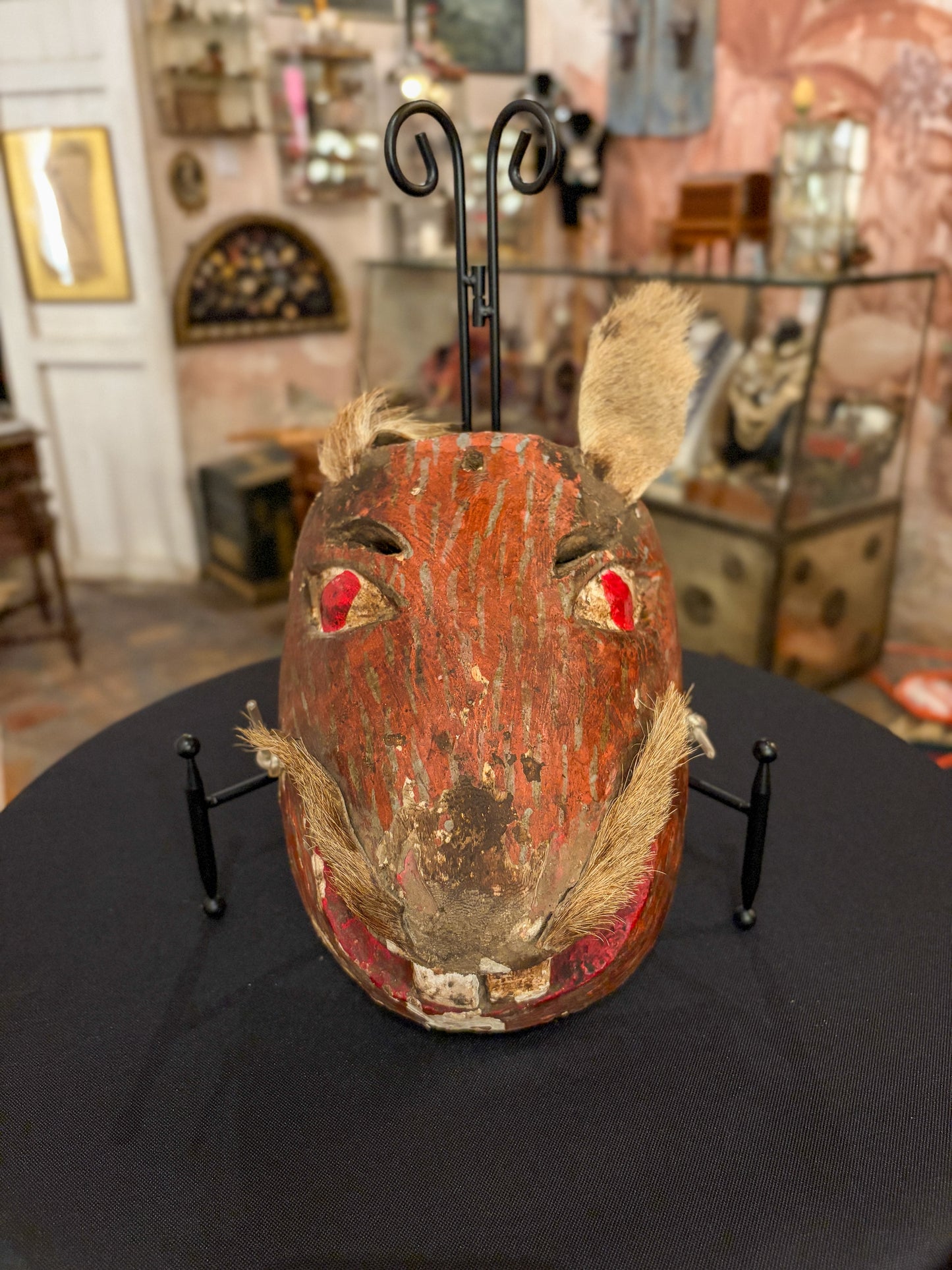 Polychrome carved wood and hide rabbit dance mask, Mexican folk art