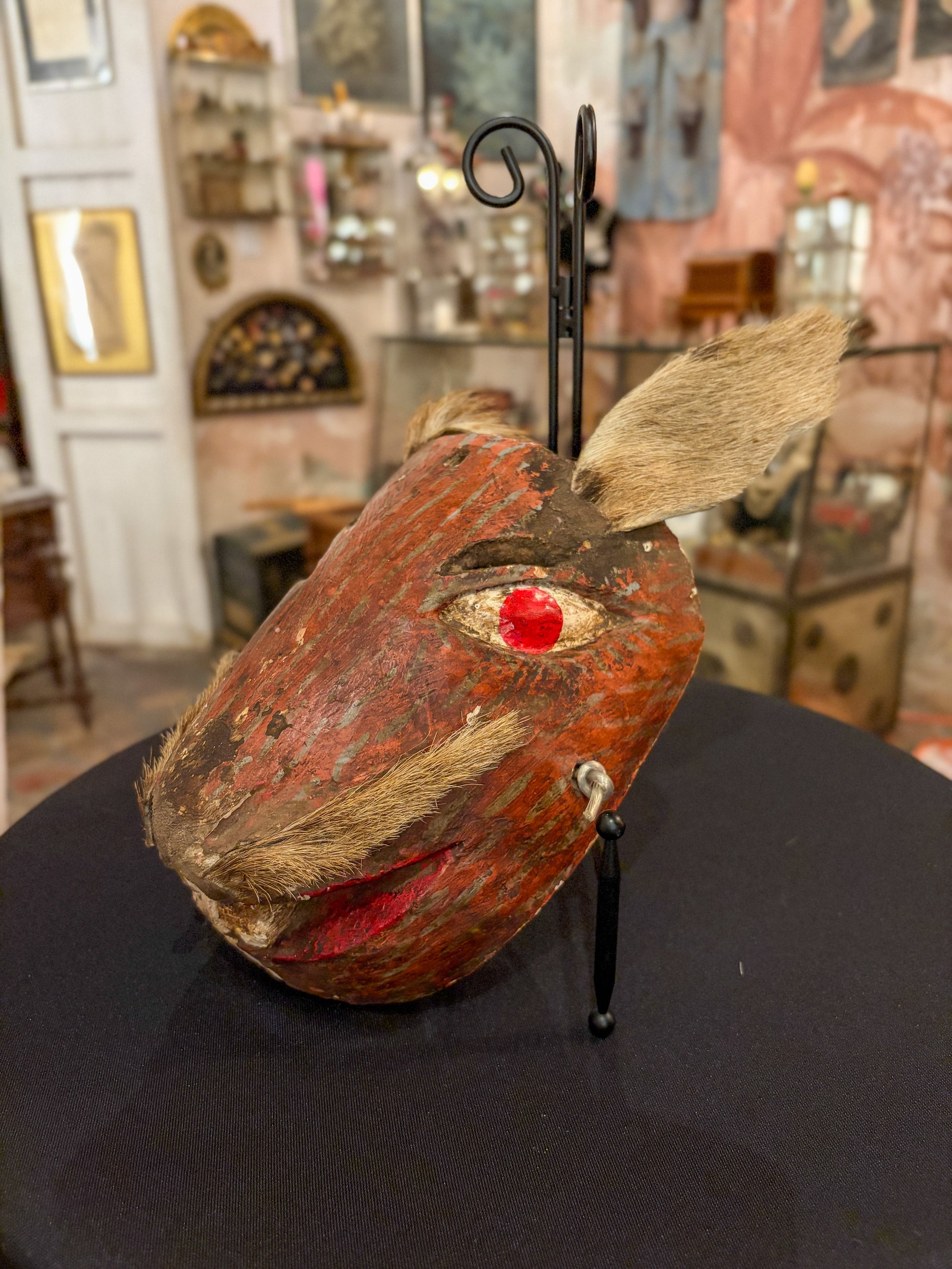 Polychrome carved wood and hide rabbit dance mask, Mexican folk art, side view
