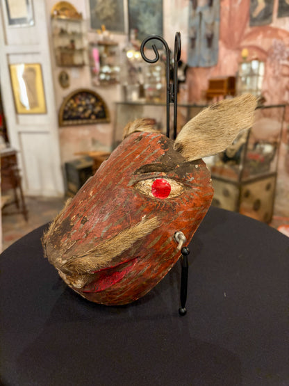 Polychrome carved wood and hide rabbit dance mask, Mexican folk art, side view