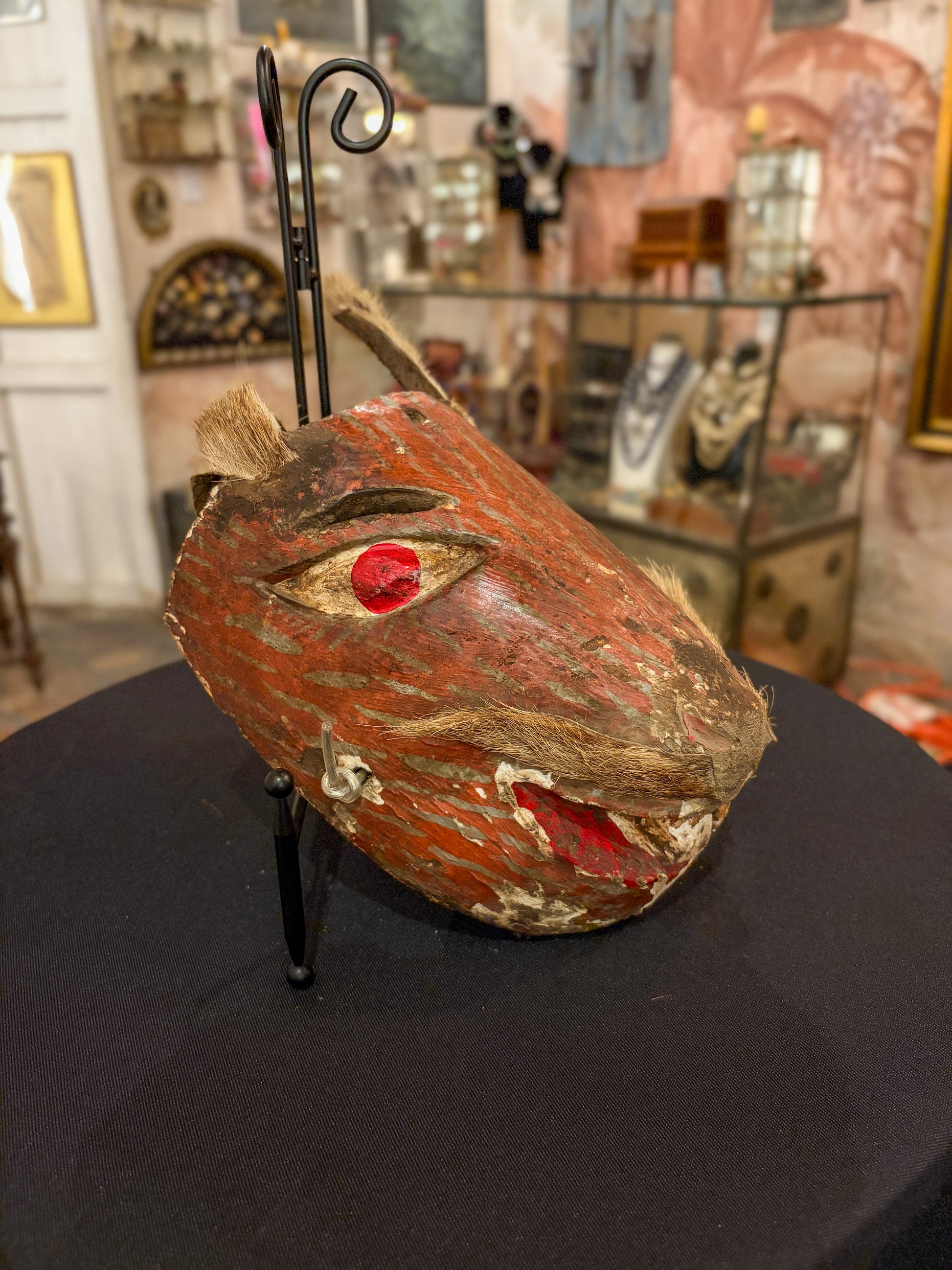 Polychrome carved wood and hide rabbit dance mask, Mexican folk art, back view