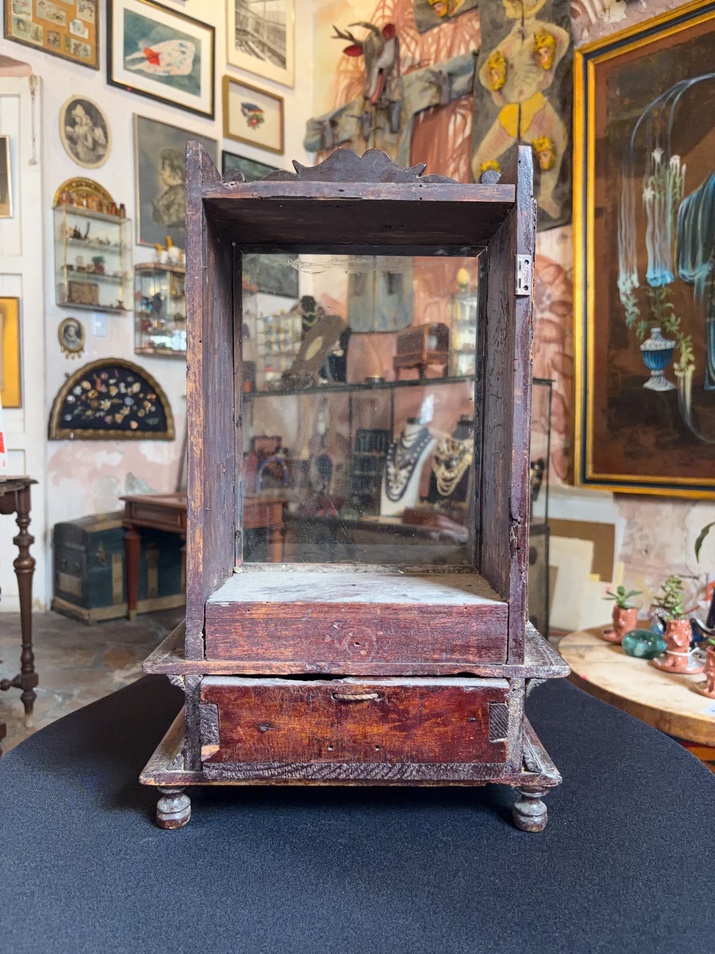 Handcrafted wood niche with metal milagros and glass inlays, Mexican folk art, empty nicho interior, glass case