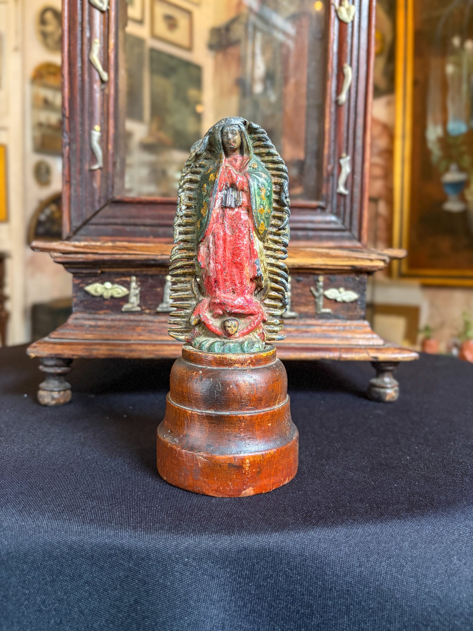 Handcrafted wood niche with metal milagros and glass inlays, Mexican folk art, figurine detail