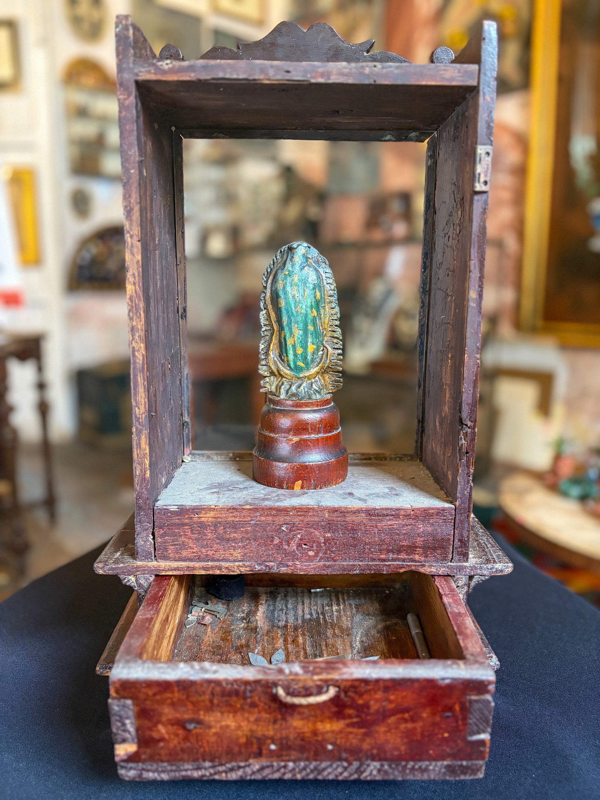 Handcrafted wood niche with metal milagros and glass inlays, Mexican folk art, open door, drawer detail
