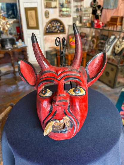 Handcrafted polychrome carved wood red devil dance mask, Guerrero Mexican folk art