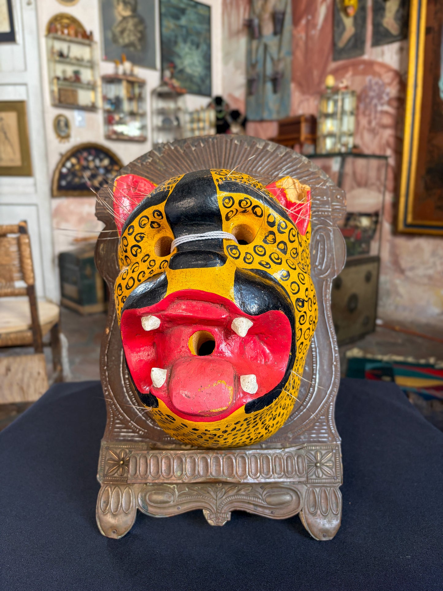 Handcrafted carved wood Tecuan jaguar dance mask with natural fibers, Chilapa Guerrero Mexico, circa 1980s, Mexican folk art