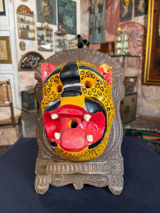 Handcrafted carved wood Tecuan jaguar dance mask with natural fibers, Chilapa Guerrero Mexico, circa 1980s, Mexican folk art