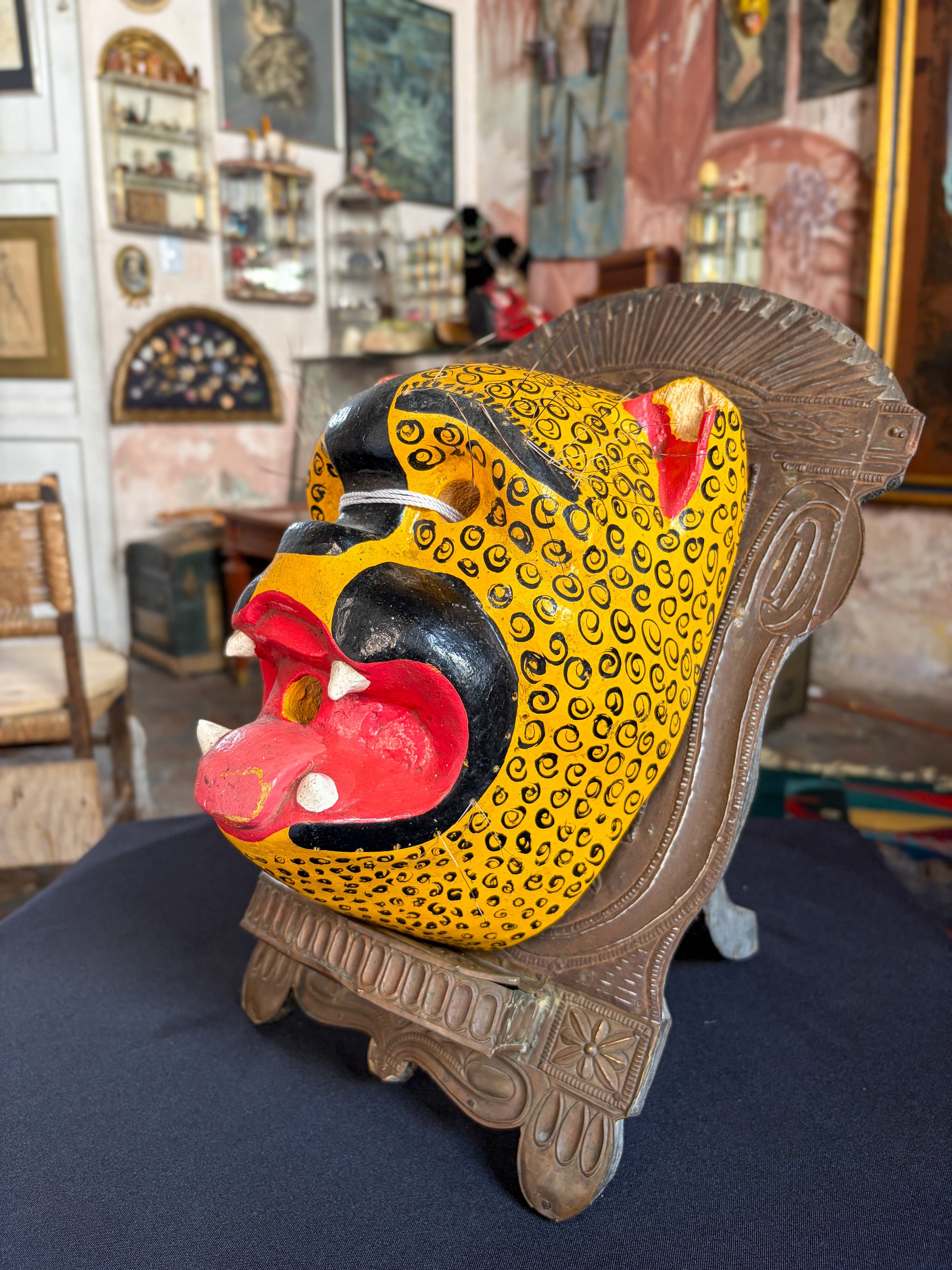 Handcrafted carved wood Tecuan jaguar dance mask with natural fibers, Chilapa Guerrero Mexico, circa 1980s, side view