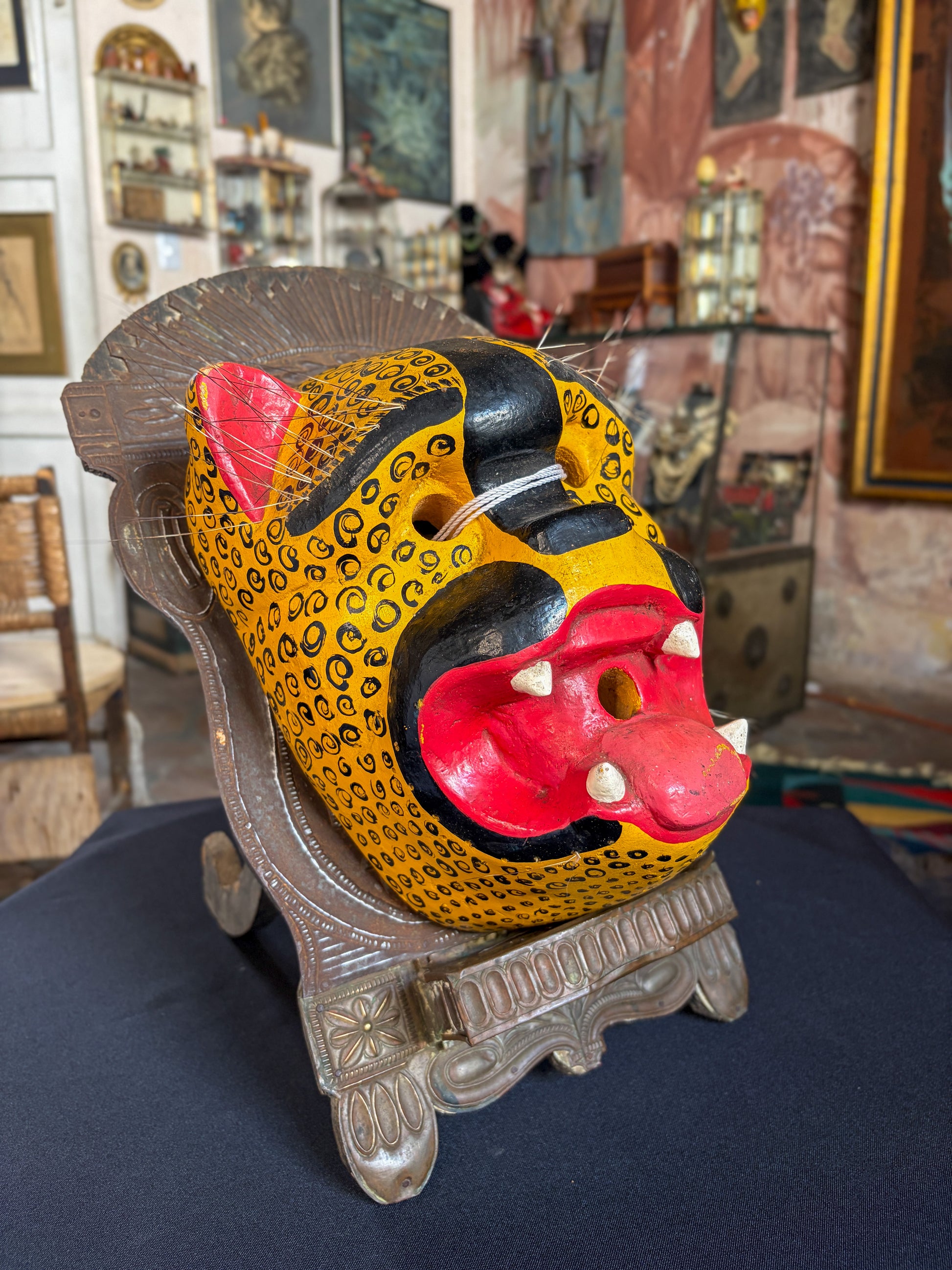 Handcrafted carved wood Tecuan jaguar dance mask with natural fibers, Chilapa Guerrero Mexico, circa 1980s, back view