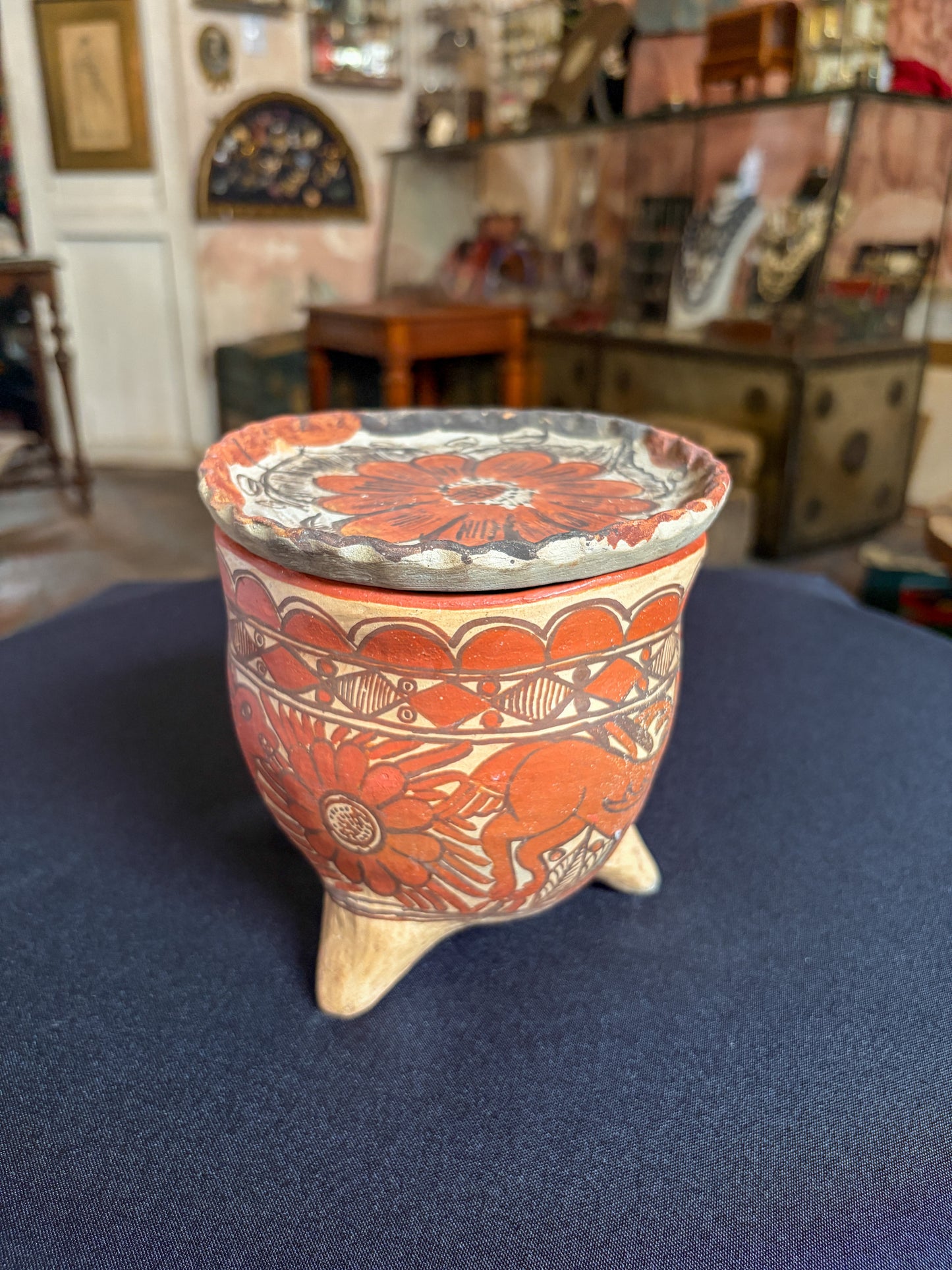 Handcrafted baked clay three-legged vessel with freehand mineral slip decoration, Oaxaca, Guerrero Mexican folk art