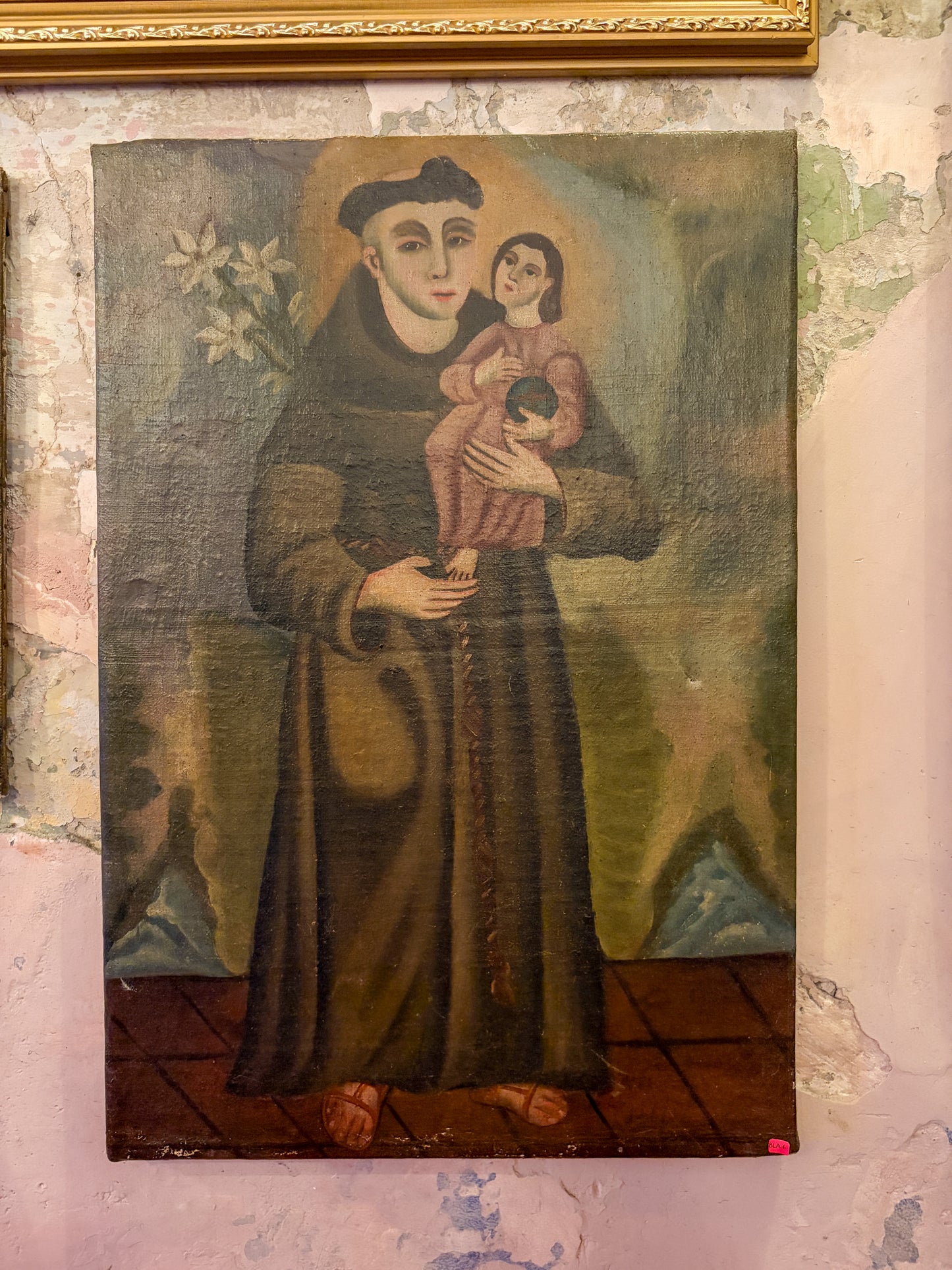 Antique colonial devotional oil painting on canvas, Michoacán Mexican folk art