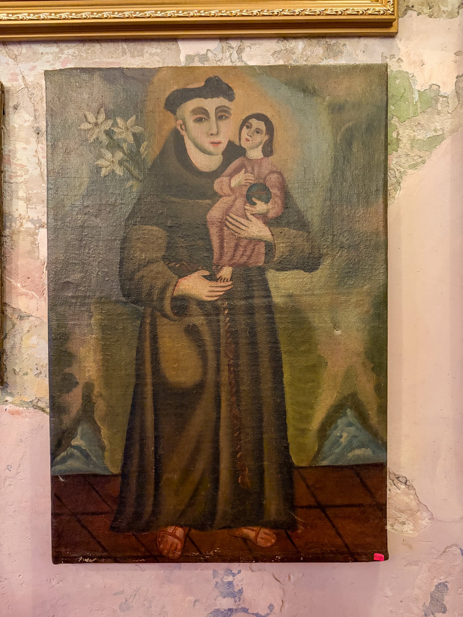Antique colonial devotional oil painting on canvas, Michoacán Mexican folk art