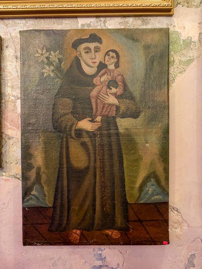 Antique colonial devotional oil painting on canvas, Michoacán Mexican folk art