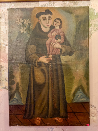 Antique colonial devotional oil painting on canvas, Michoacán Mexican folk art, painted saint panel, St. Anthony