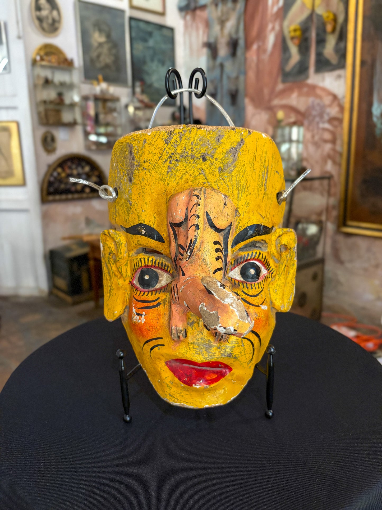 Hand-carved painted wood dance mask with feline, Guerrero Mexican folk art