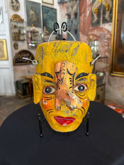 Hand-carved painted wood dance mask with feline, Guerrero Mexican folk art