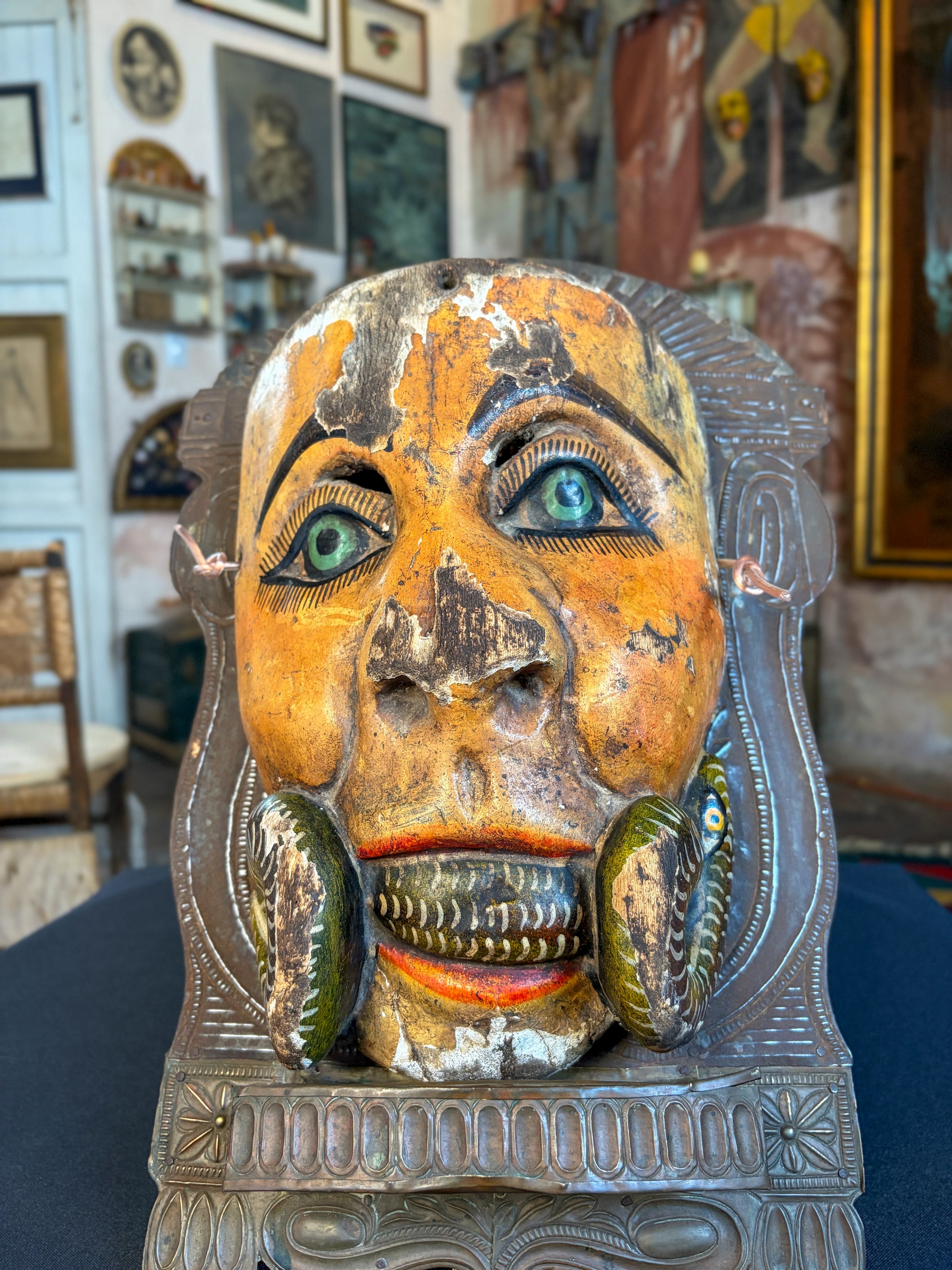 Handcrafted polychrome carved wood dance mask with serpent crossing the mouth, Chilapa Guerrero Mexico, Mexican folk art