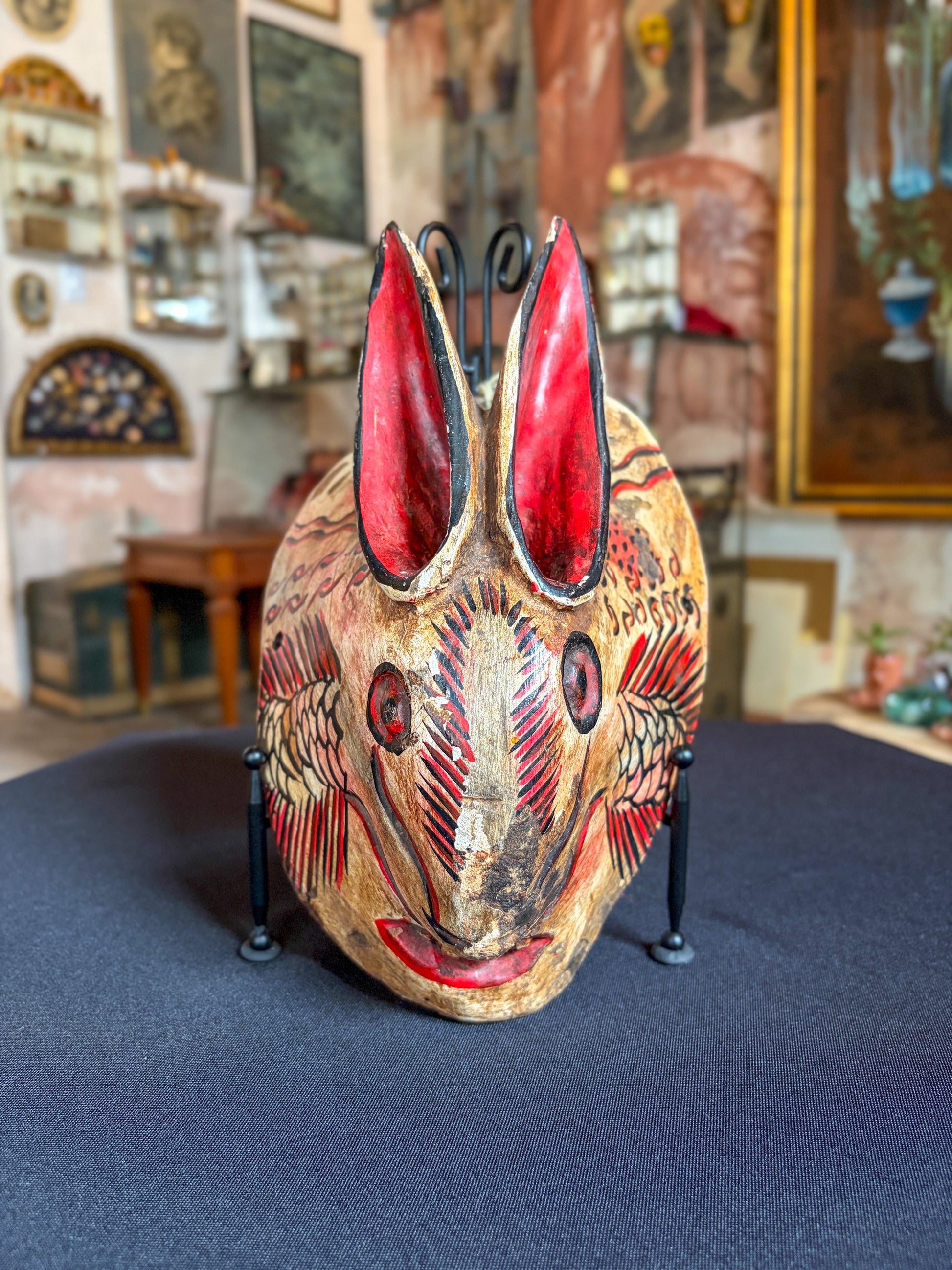 Handcrafted carved wood chimera dance mask for the Dance of the Fishermen, Alto Balsas Guerrero Mexico, Mexican folk art