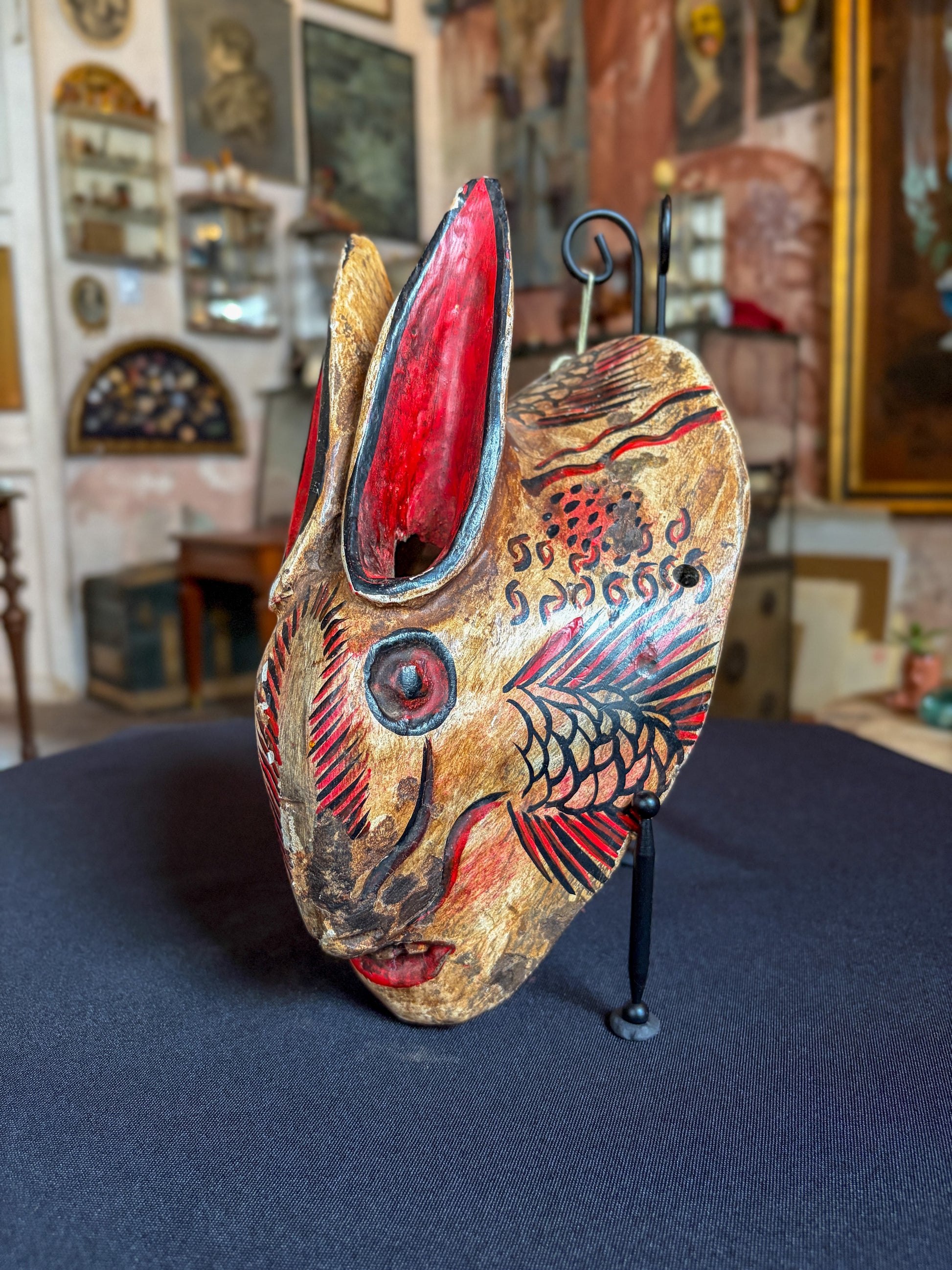 Handcrafted carved wood chimera dance mask for the Dance of the Fishermen, Alto Balsas Guerrero Mexico, circa 1960s, side view