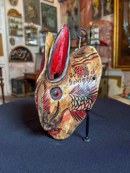 Handcrafted carved wood chimera dance mask for the Dance of the Fishermen, Alto Balsas Guerrero Mexico, circa 1960s, side view
