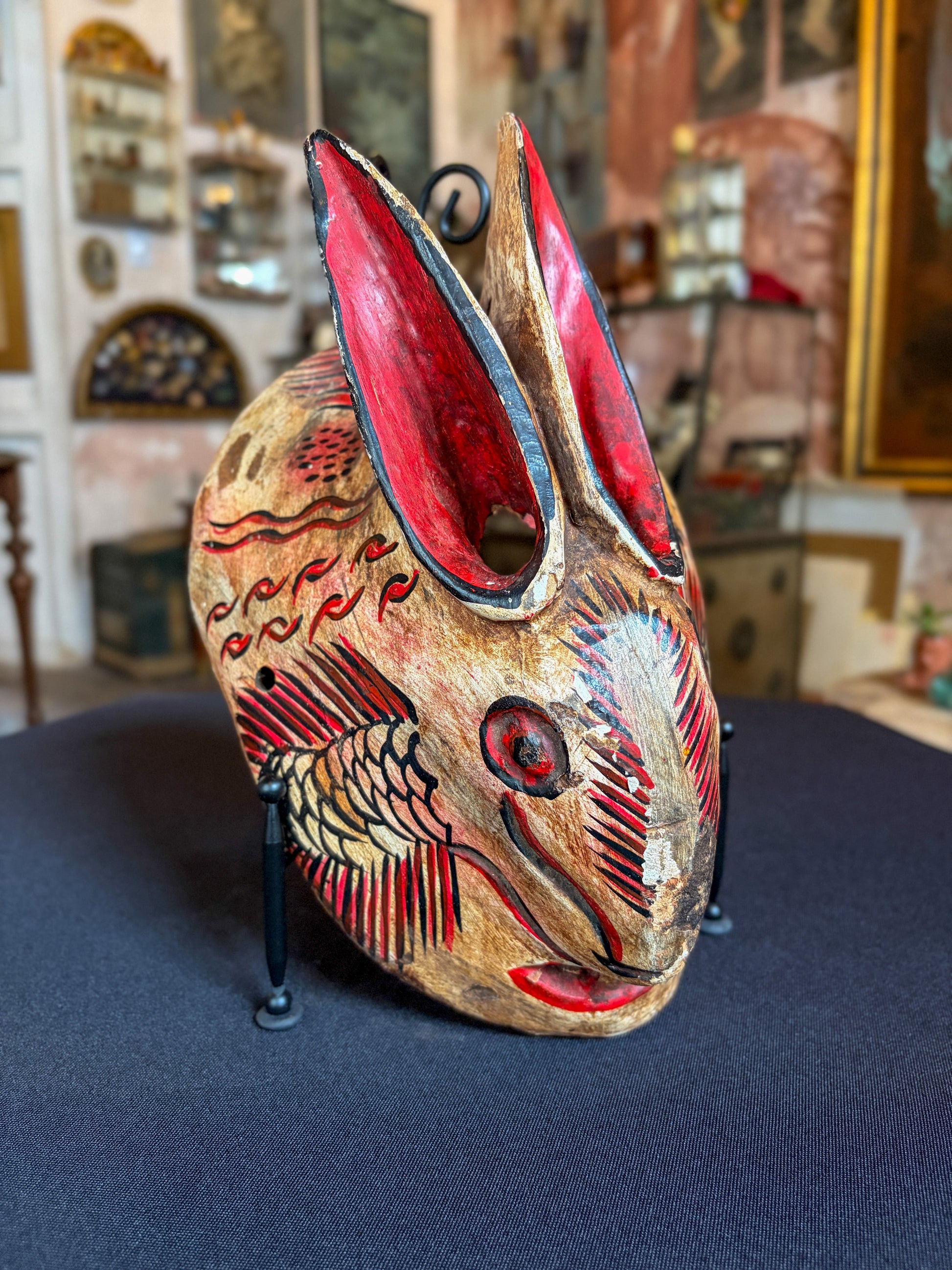 Handcrafted carved wood chimera dance mask for the Dance of the Fishermen, Alto Balsas Guerrero Mexico, circa 1960s, back view
