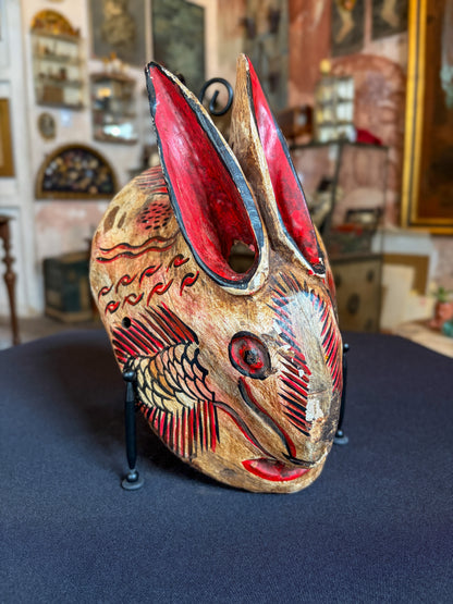 Handcrafted carved wood chimera dance mask for the Dance of the Fishermen, Alto Balsas Guerrero Mexico, circa 1960s, back view
