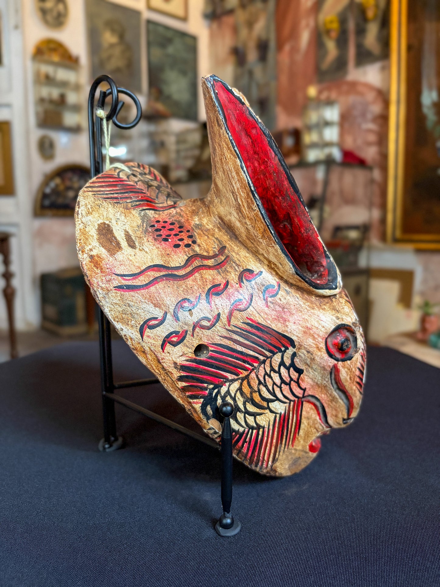 Handcrafted carved wood chimera dance mask for the Dance of the Fishermen, Alto Balsas Guerrero Mexico, carving detail