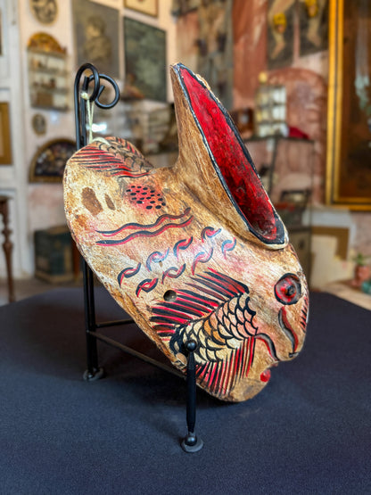Handcrafted carved wood chimera dance mask for the Dance of the Fishermen, Alto Balsas Guerrero Mexico, carving detail