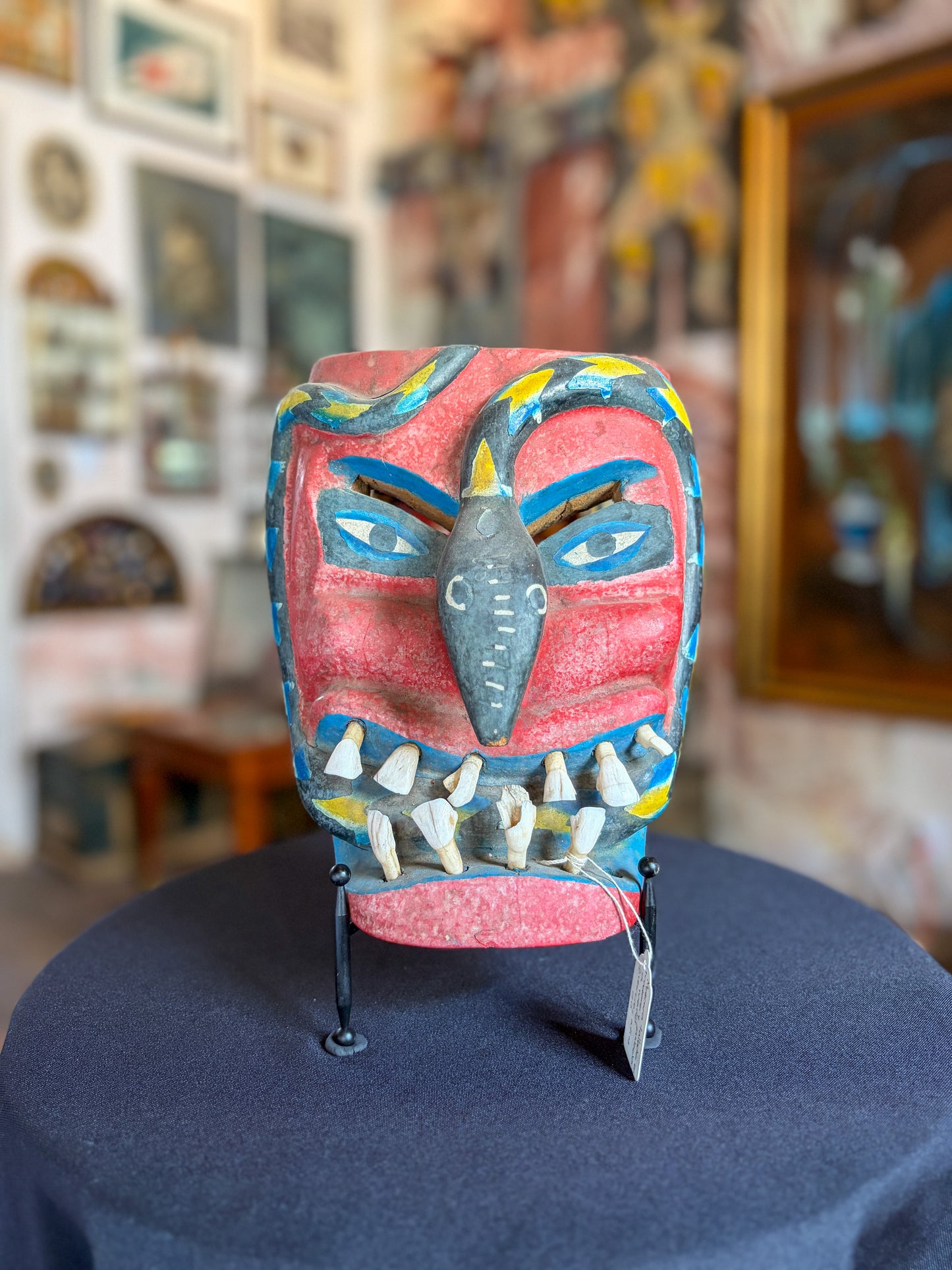 Handcrafted wood devil dance mask with real animal teeth and carved serpent, by maestro Victoriano Salgado, Guerrero